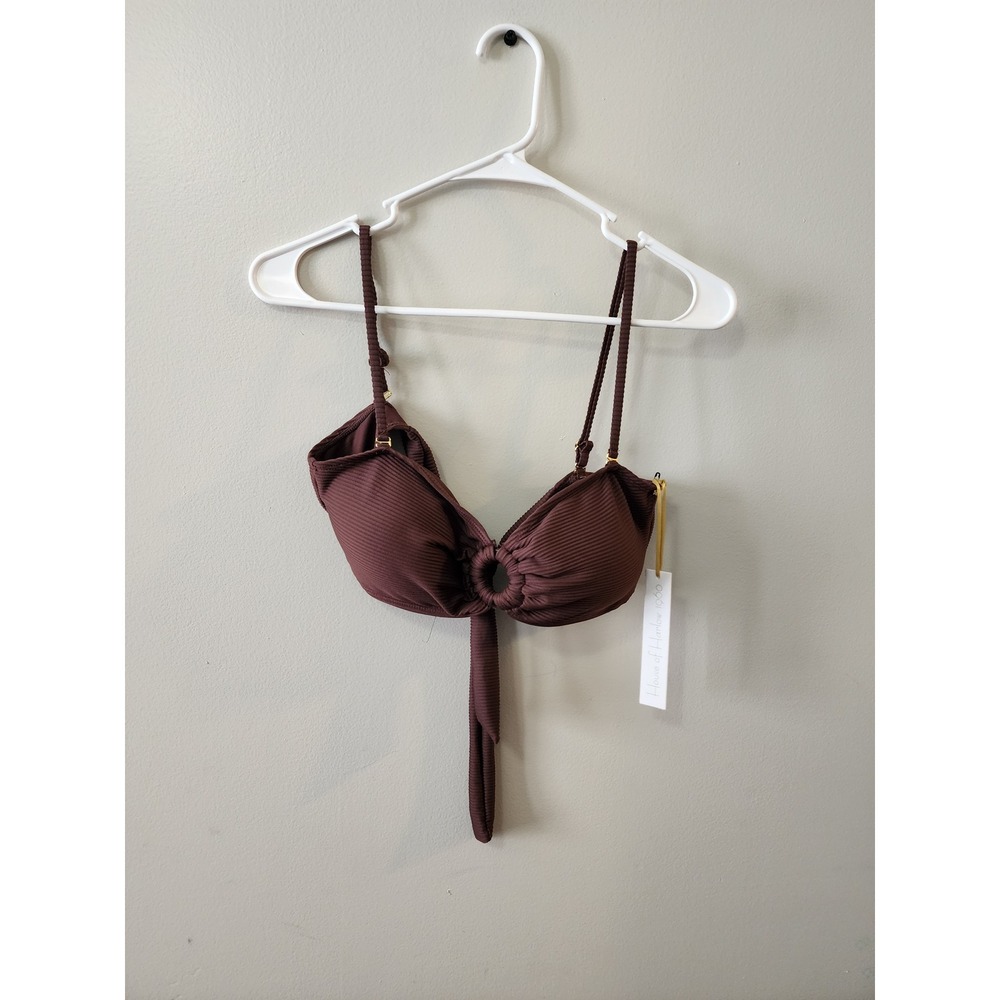 House of Harlow 1960 Ribbed Ring Front Tie Bikini Top Brown Large NEW